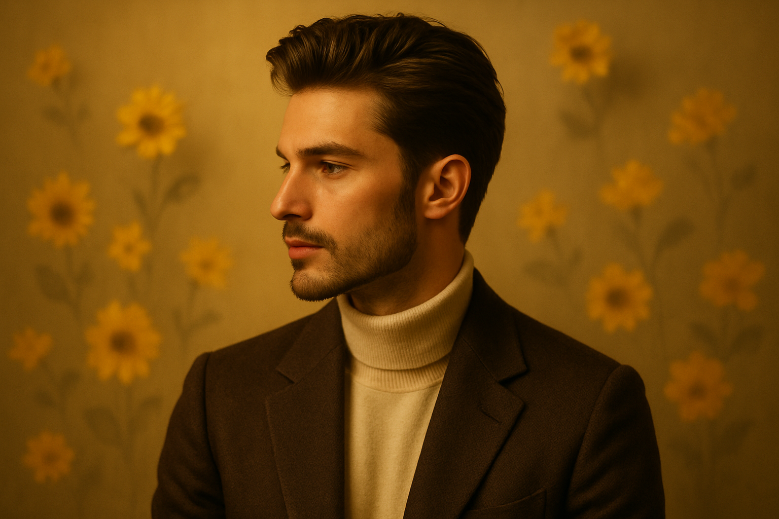 beautiful-man-looking-left-with-dim-yellow-background-with-yellow-flowers-in-background-make-the-man-stylish-and-keep-the-medium-zoom