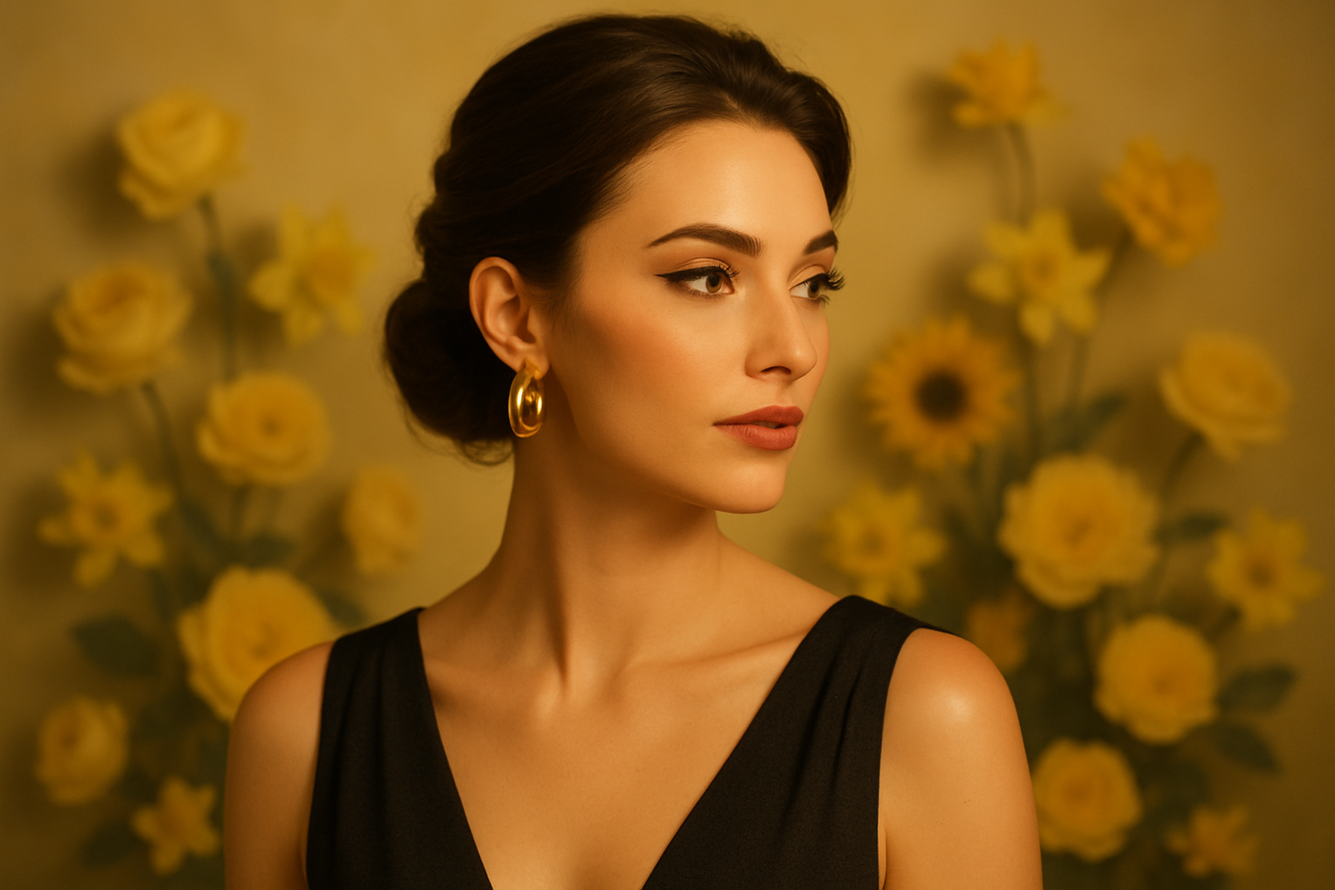 beautiful woman looking right with dim yellow background with yellow flowers in background.make the woman stylish and keep the medium zoom
